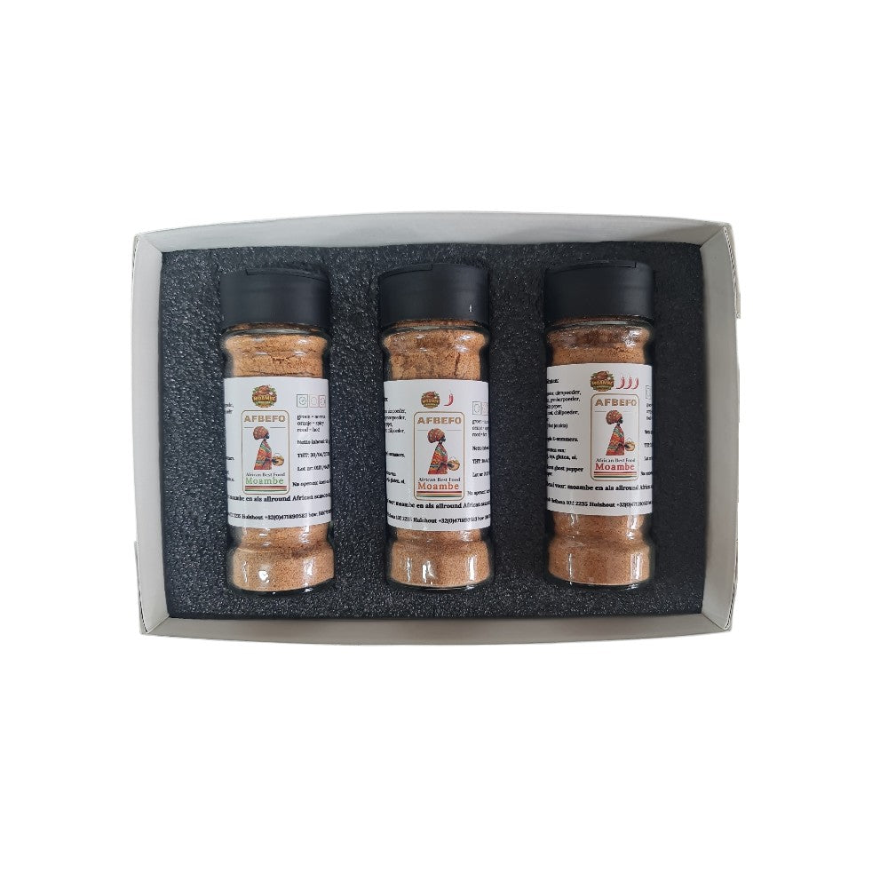 AFBEFO® Moambe Kruiden Set – Mild, Spicy & Hot – 3 × 50 g